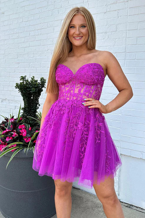 A-Line Strapless Lace Up Short Tulle Homecoming Dress with Appliques