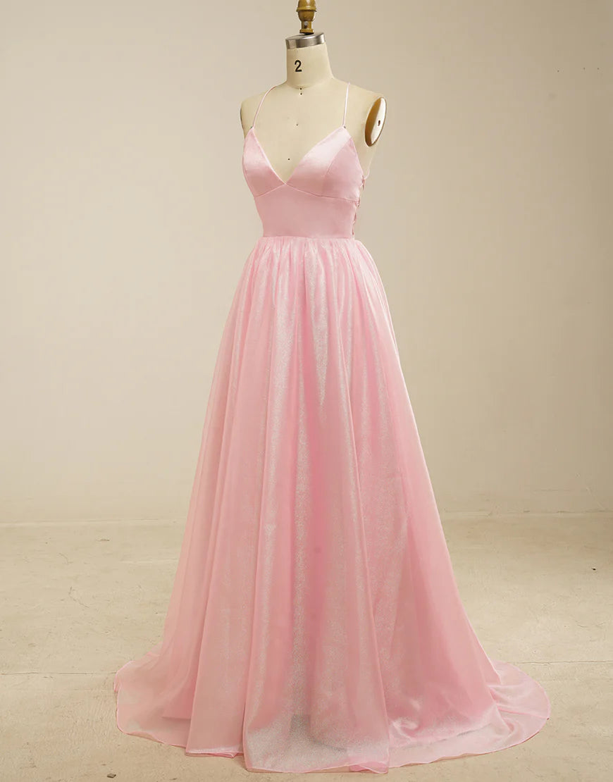 A-Line Spaghetti Straps Pink Prom Dress with Lace-Up Back