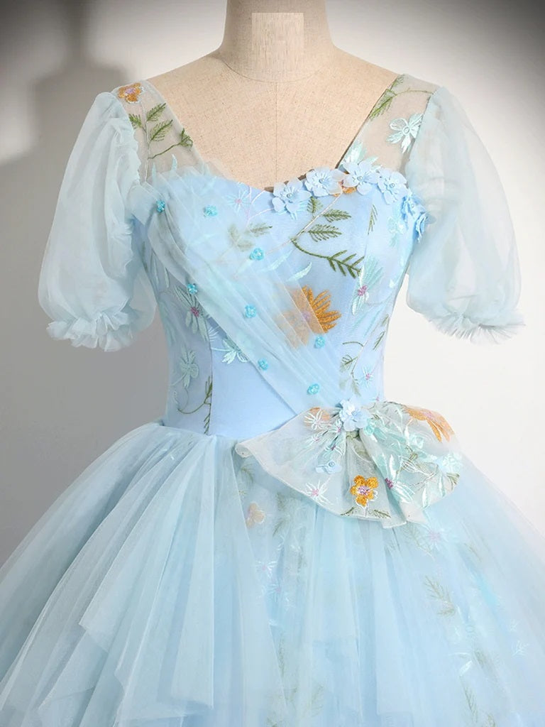 Ball Gown Quinceanera Dresses Princess Dress V Neck Tulle Lace Blue Long Prom Dress A-Line Blue Lace Long Sweet Dress