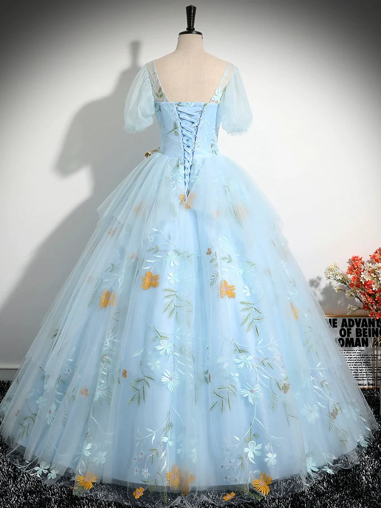 Ball Gown Quinceanera Dresses Princess Dress V Neck Tulle Lace Blue Long Prom Dress A-Line Blue Lace Long Sweet Dress