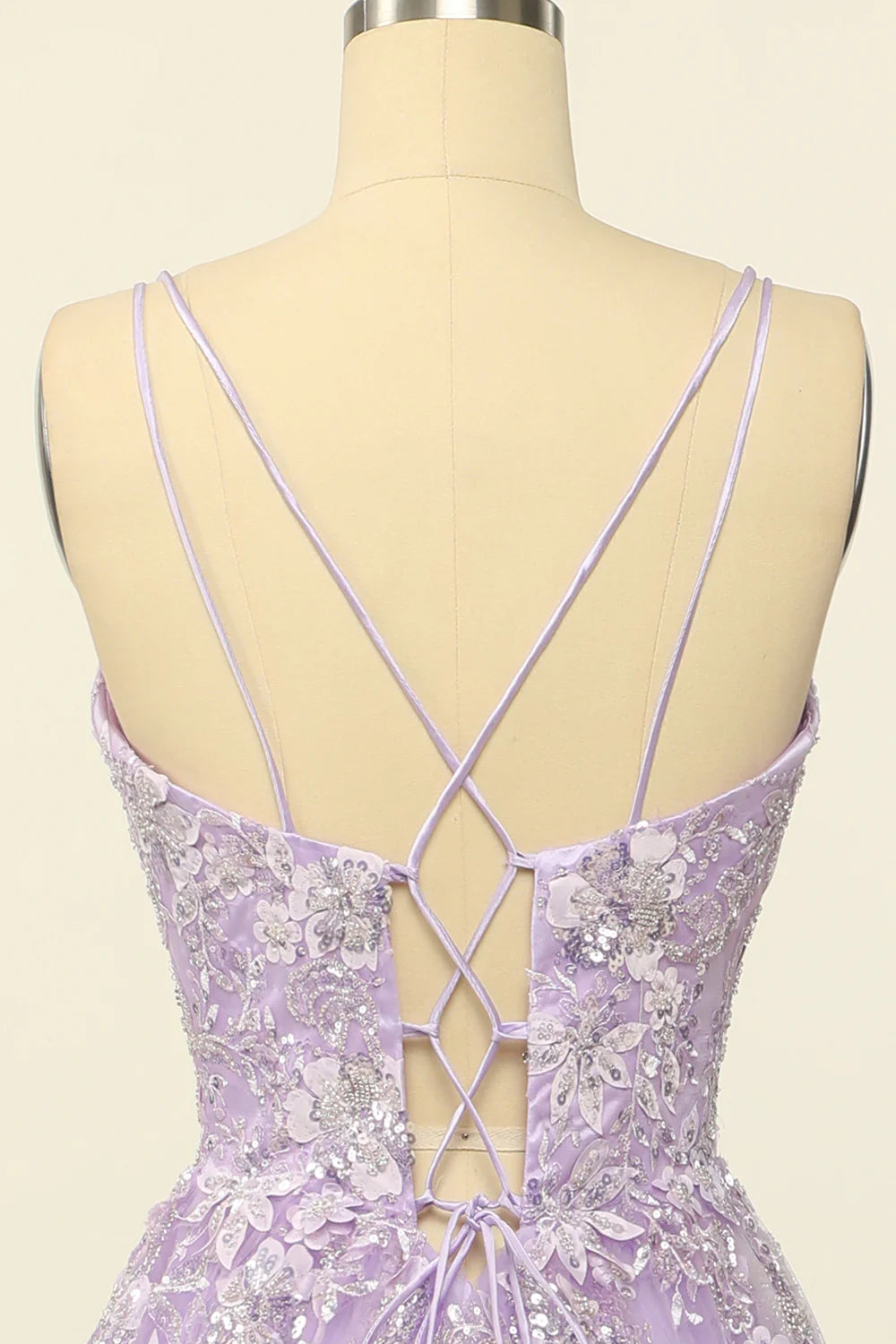 Lilac Spaghetti Straps Prom Dress With Appliques V-neck Beautiful
