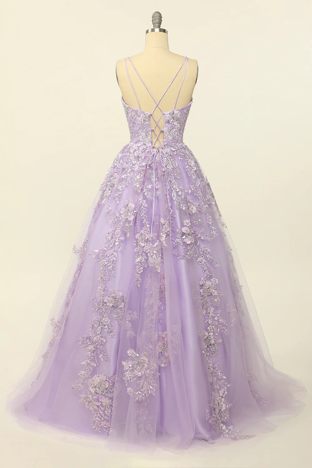 Lilac Spaghetti Straps Prom Dress With Appliques V-neck Beautiful
