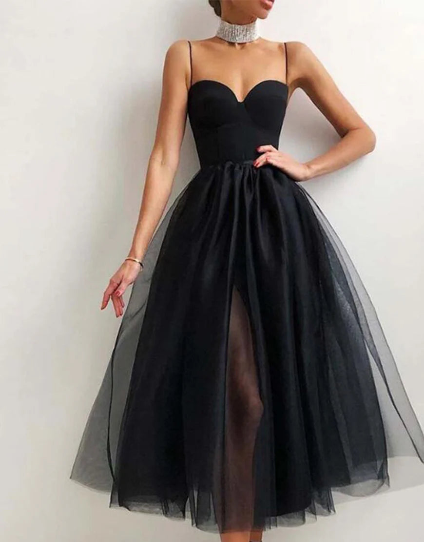 A Line Spaghetti Straps Tulle Simple Sweetheart Prom Dress