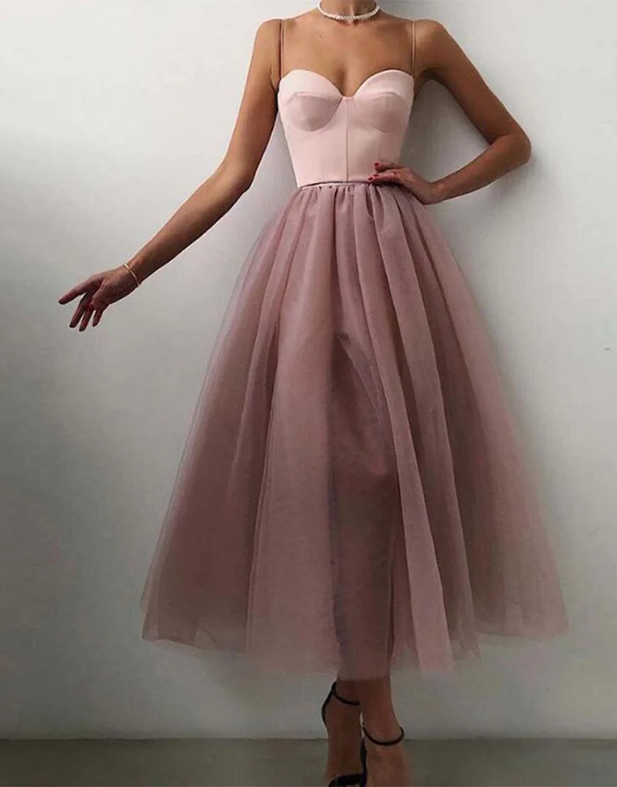 A Line Spaghetti Straps Tulle Simple Sweetheart Prom Dress