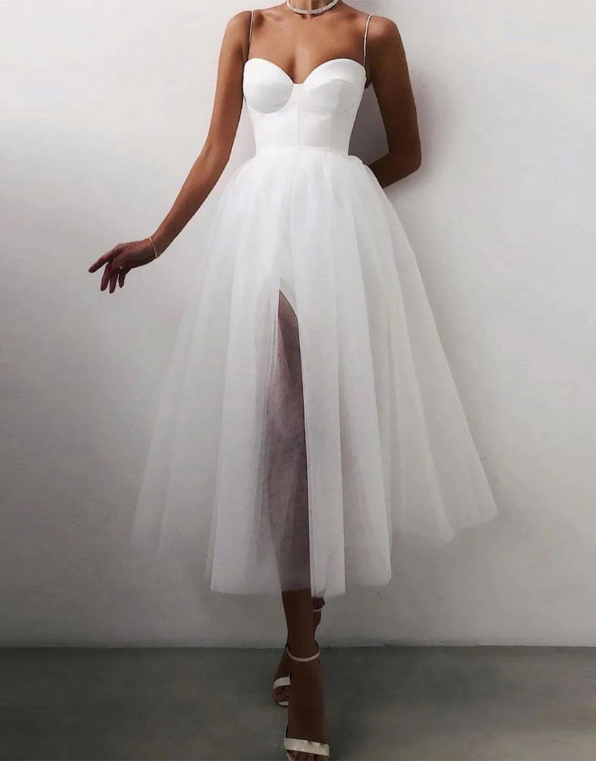 A Line Spaghetti Straps Tulle Simple Sweetheart Prom Dress