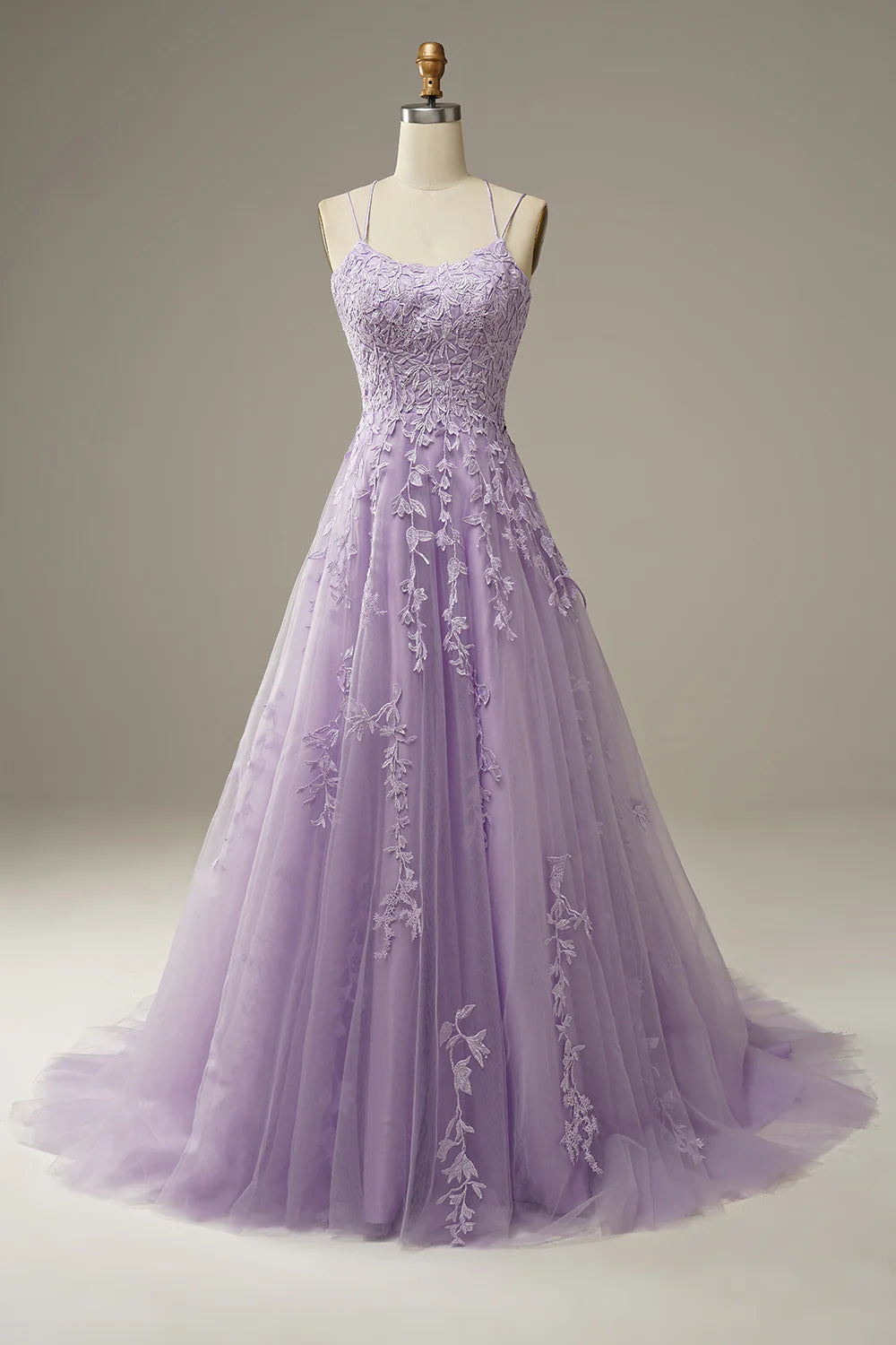 A-Line Purple Spaghetti Straps Long Prom Dress With Appliques Beautiful