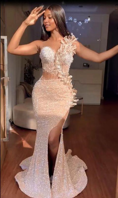 Mermaid Glitter Sparking Sequins Long Prom Dress Sweep/Brush Train Sleeveless Evening Party Dress With Slit