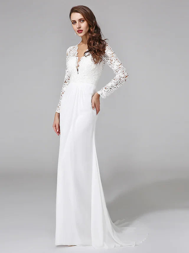 Wedding Dresses V NeckChiffon Floral Lace Long Sleeve Romantic Boho Illusion Sleeve with Back Lace Button