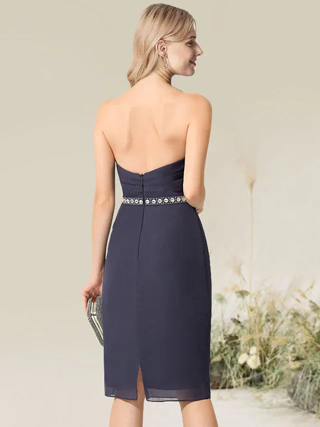 Convertible Elegant Wedding Guest Cocktail Party Dress Strapless Short Sleeve Knee Length Lace with Lace Insert Appliques