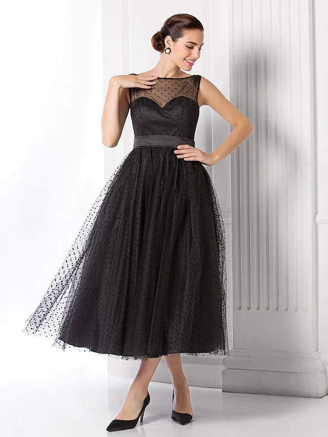 A-Line Vintage Wedding Guest Black Cocktail Party Dress Illusion Neck Sleeveless Tea Length Tulle with Pattern Print