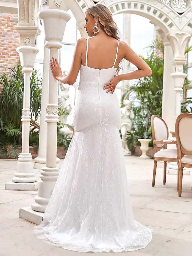 Wedding Dresses V Neck Lace Tulle Sleeveless Spaghetti Straps   Romantic with Lace