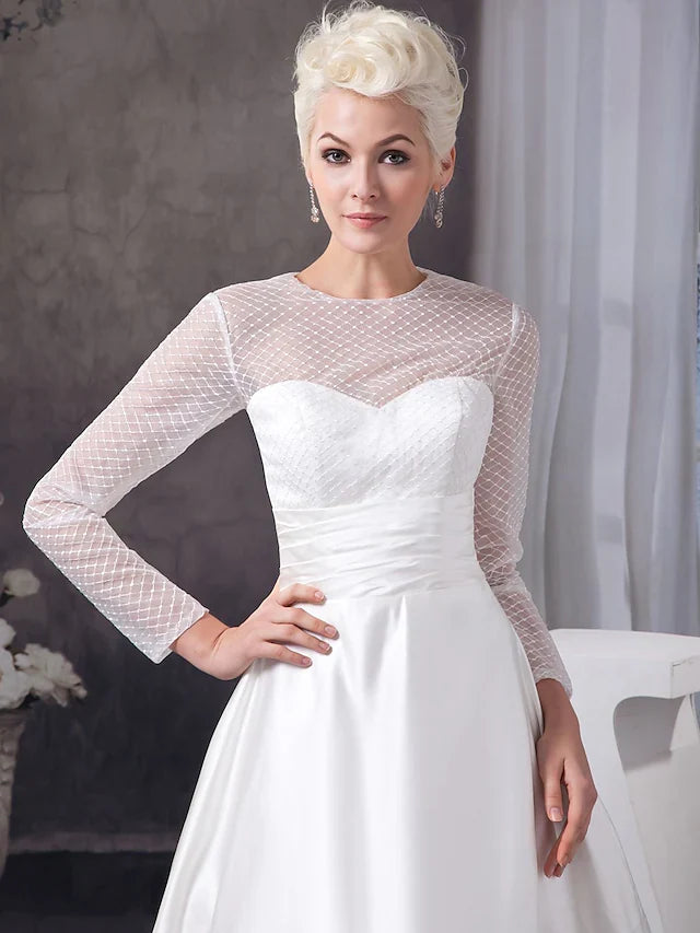 A-Line Wedding Dresses Jewel Neck Court Train Satin Tulle Length Sleeve Illusion Sleeve with Ruched