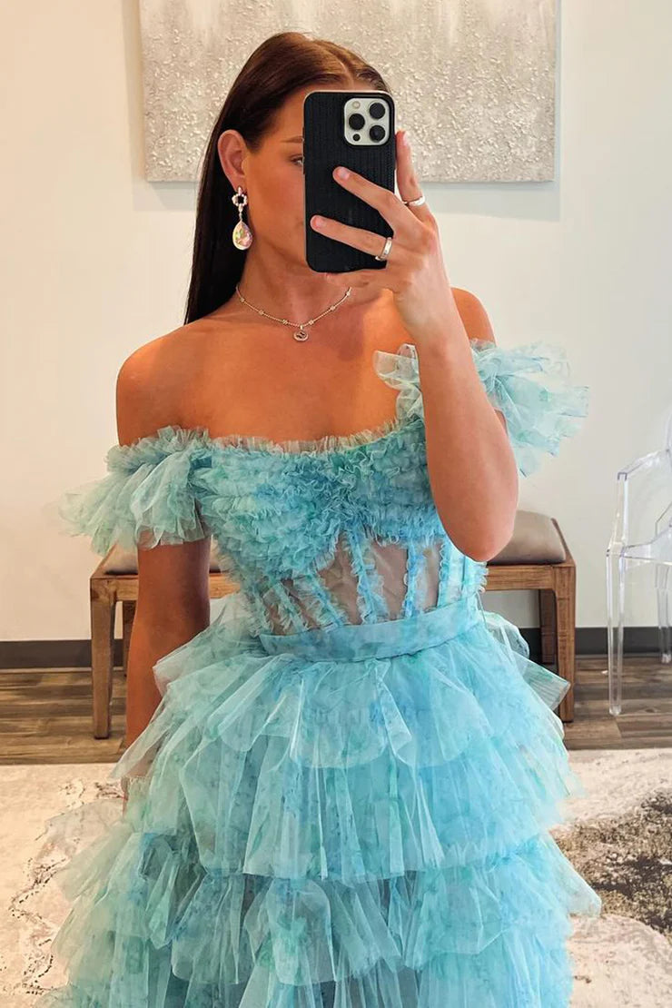 Elegant A Line Off the Shoulder Ruffle Tiered Tulle Long Prom Dress with Slit Beautiful