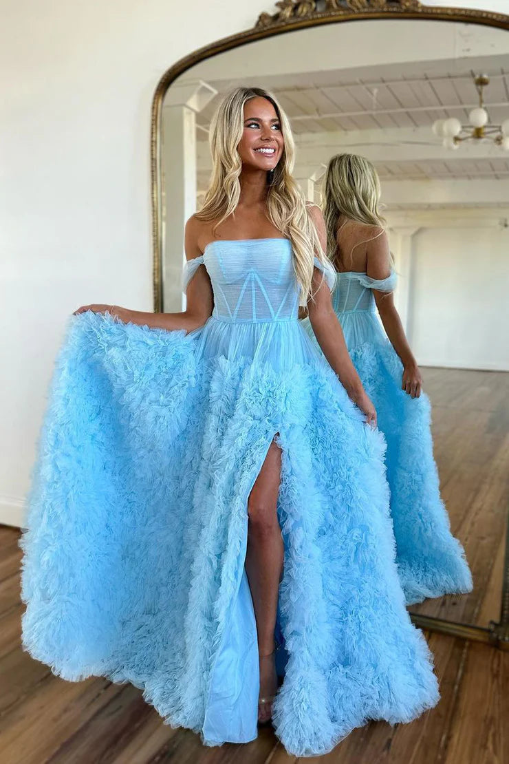 Charming A Line Off the Shoulder Ruffle Tiered Tulle Prom Dress with Slit Beautiful