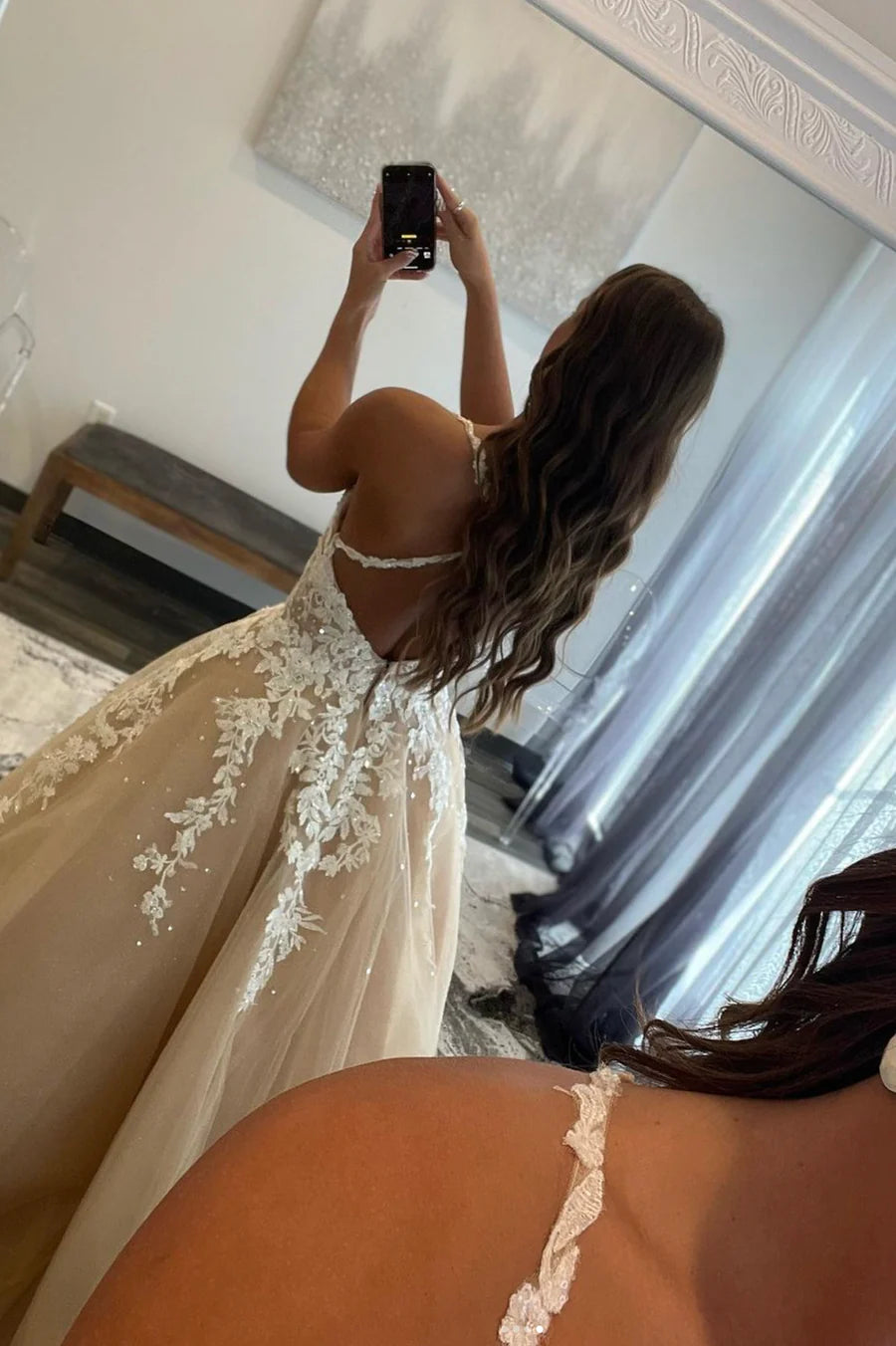 A-Line Champagne V-Neck Lace Long Formal Party Prom Dresses Formal Party Dress With Appliques