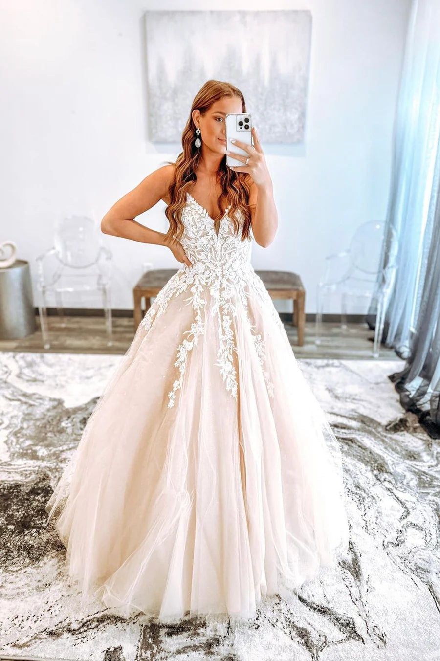 A-Line Champagne V-Neck Lace Long Formal Party Prom Dresses Formal Party Dress With Appliques