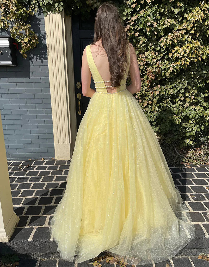 A Line Daffodil V Neck Long Backless Prom Dress