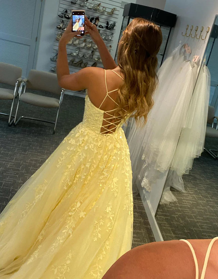 A Line Princess Long Daffodil Prom Dress with Appliques