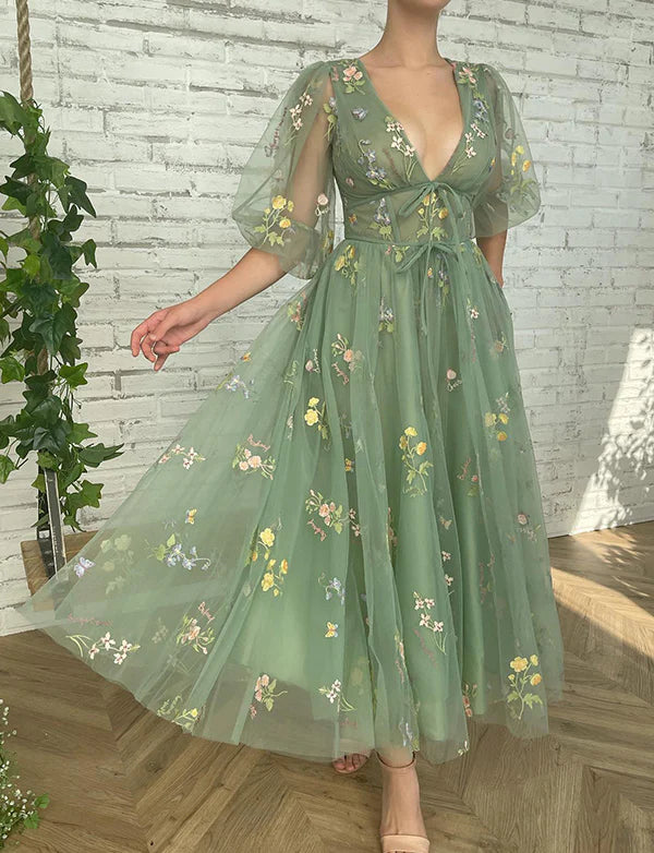 V-neck Floral Prom Dress
