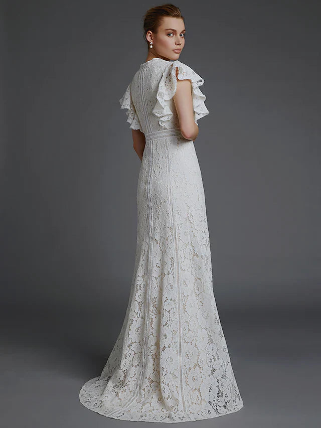 A-Line Wedding Dresses V Neck Lace Sleeveless Boho with Split Front