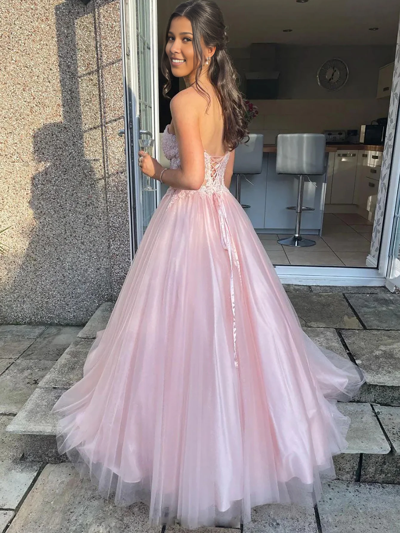 Strapless Tulle Sweetheart Long Prom Dress With Appliques