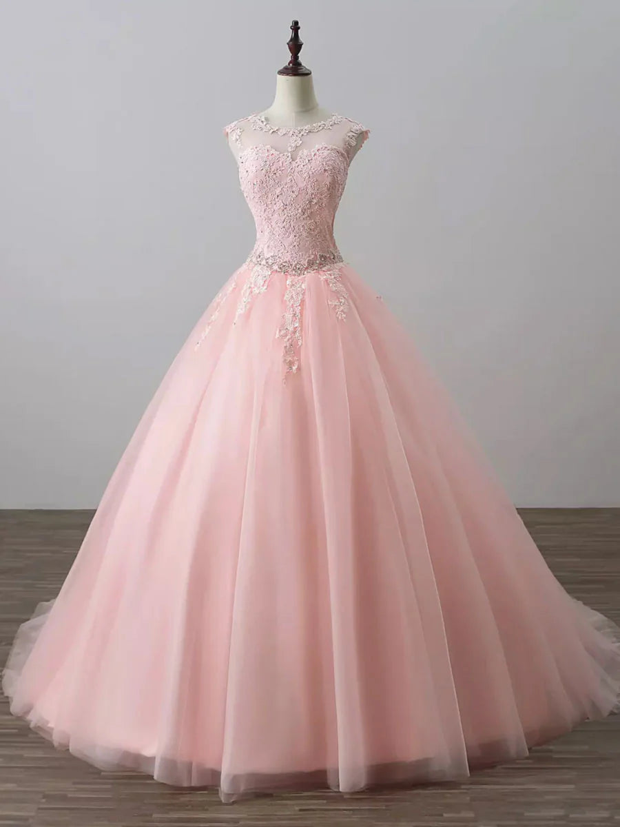 Ball Gown Quinceanera Dresses Princess Dress Tulle Lace Long Prom Gown Pink Tulle Lace Appliques Sweet 16 Dress