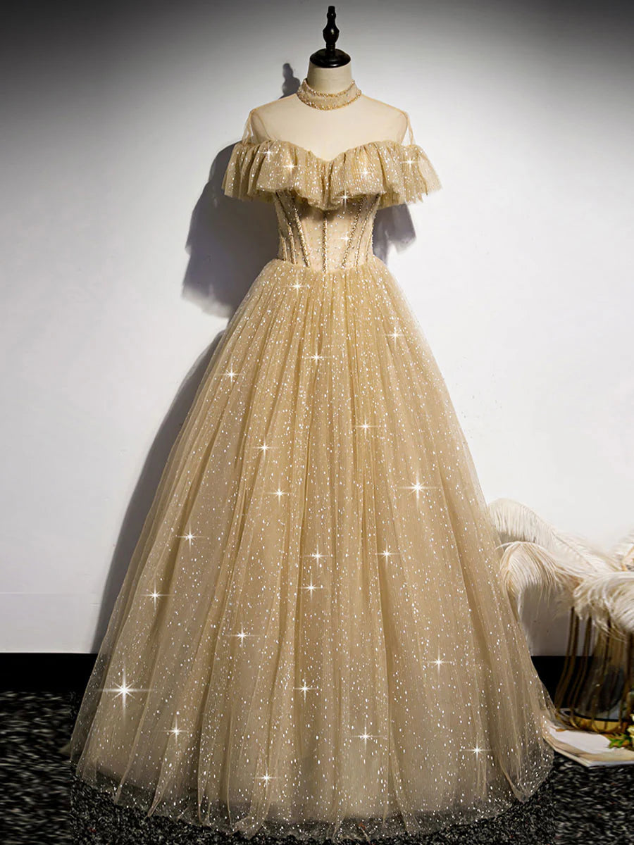 Ball Gown Quinceanera Dresses Princess Dress Gold Sparkly Tulle Lace Long Prom Dress Gold Sweet 16 Dress