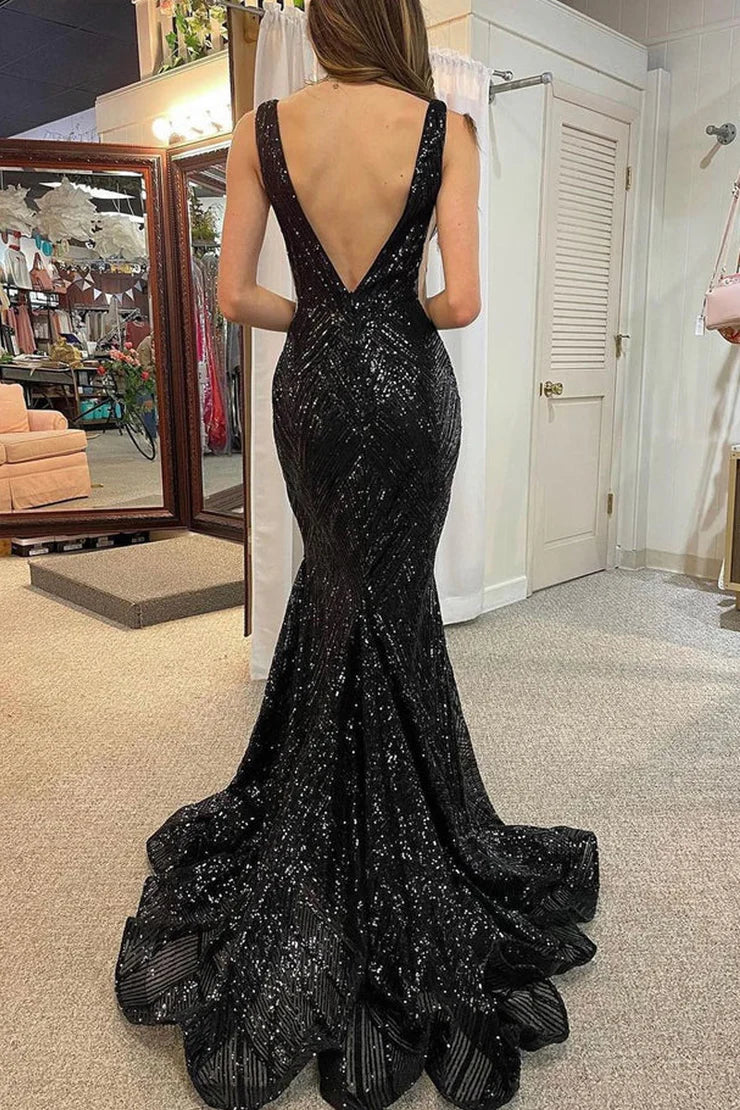 Sheath  Mermaid V Neck Black Sequins Prom Dresses