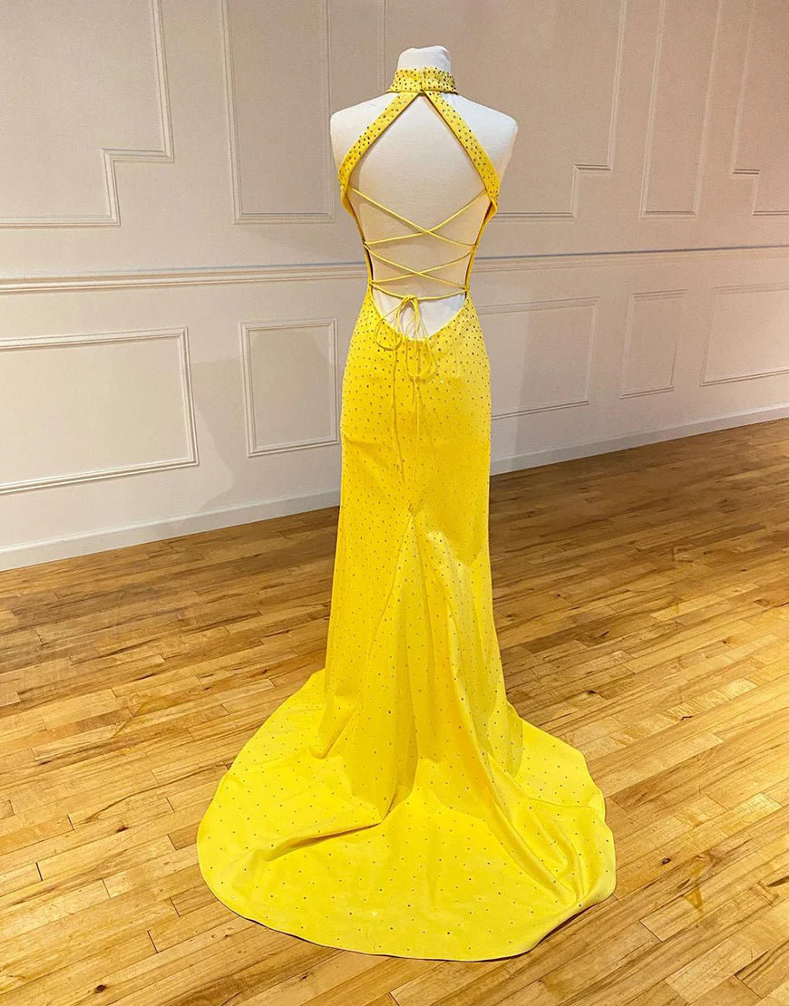 Mermaid Halter Yellow Prom Dress with Split