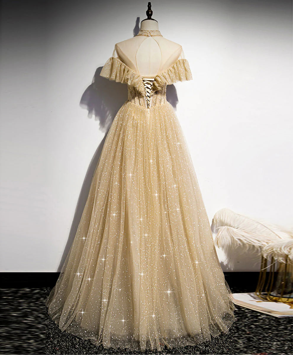 Ball Gown Quinceanera Dresses Princess Dress Gold Sparkly Tulle Lace Long Prom Dress Gold Sweet 16 Dress