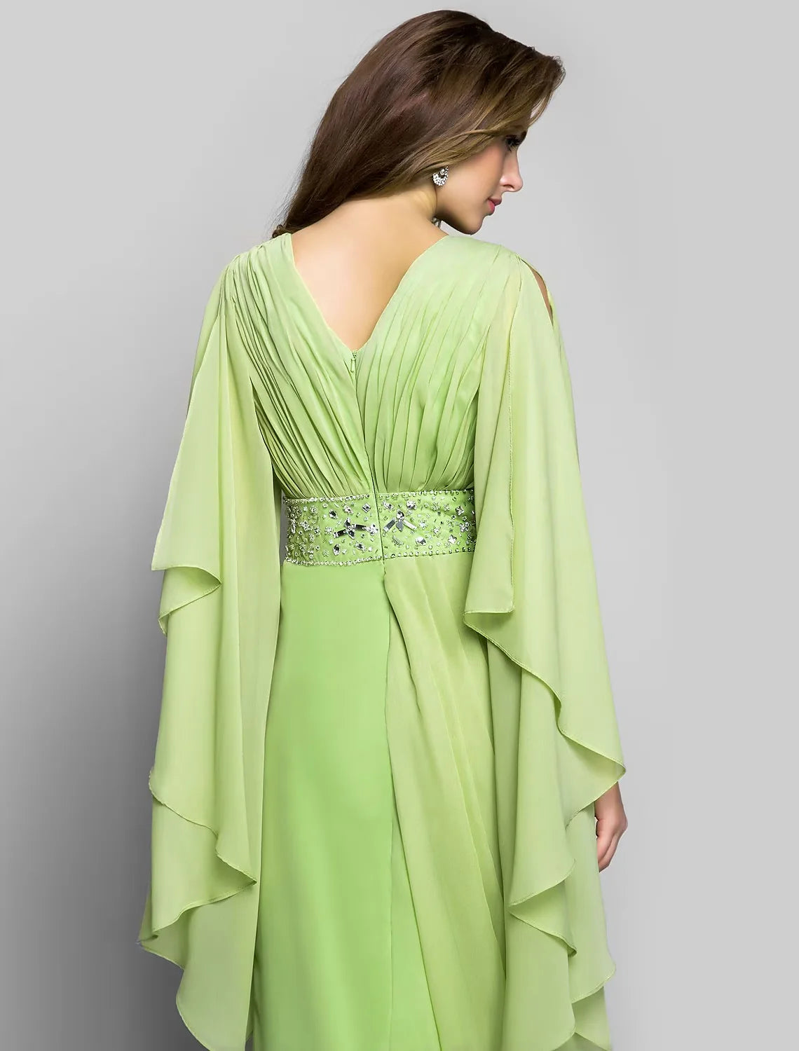 Sheath / Column Elegant Dress Wedding Guest Floor Length Long Sleeve V Neck Chiffon V Back with Crystals Side Draping