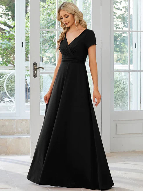 Simple Pleated Empire Waist A-Line V-neck Floor Length Bridesmaid Dress/Prom Dresses Party Dresses Wedding Guest Dresses