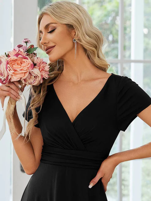 Simple Pleated Empire Waist A-Line V-neck Floor Length Bridesmaid Dress/Prom Dresses Party Dresses Wedding Guest Dresses