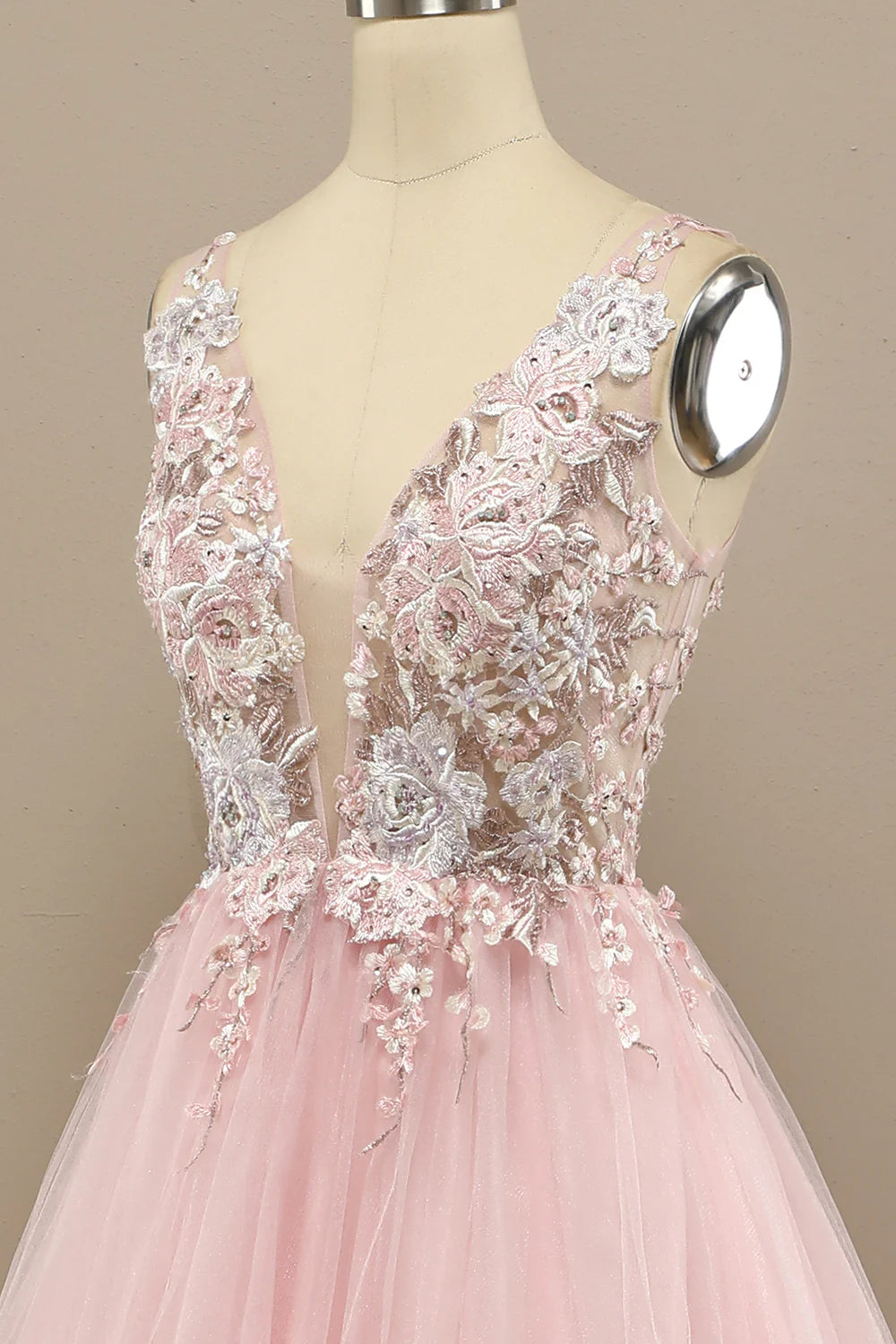 A Line Pink Low V Neck  Prom Dress with Appliques Beautiful