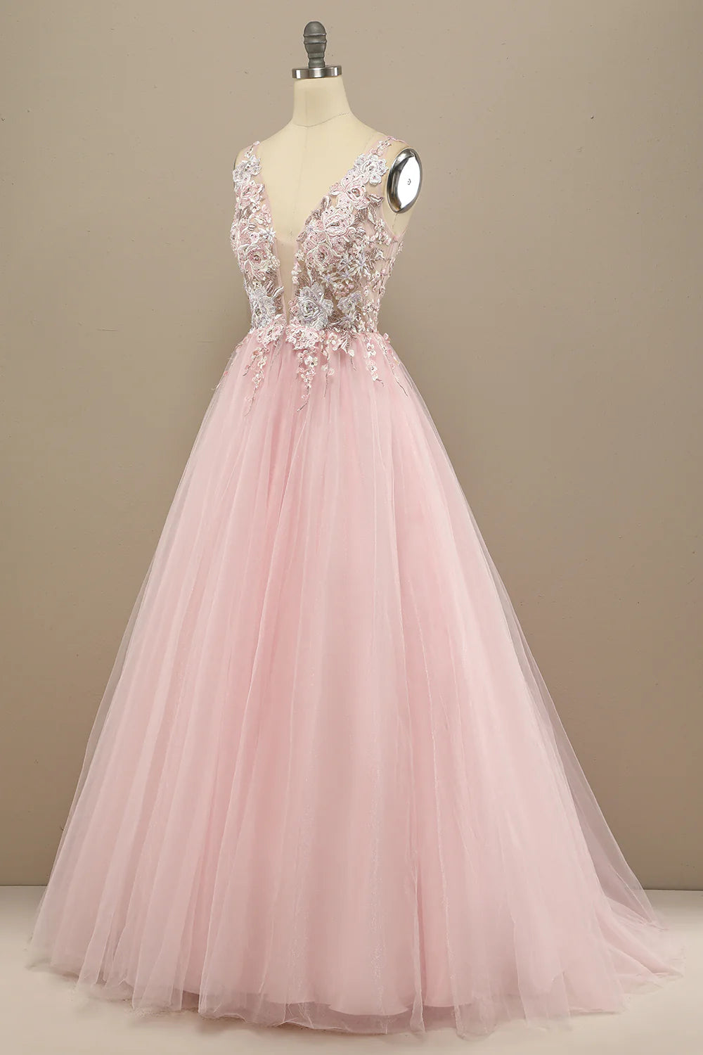 A Line Pink Low V Neck  Prom Dress with Appliques Beautiful