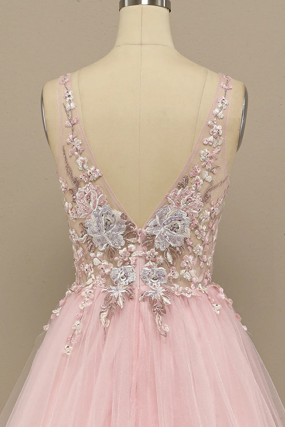 A Line Pink Low V Neck  Prom Dress with Appliques Beautiful