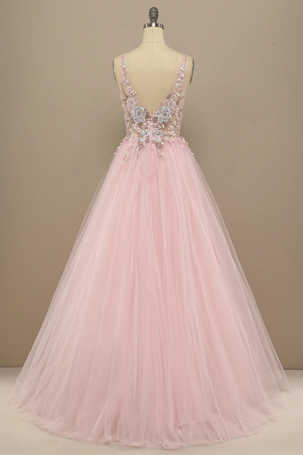 A Line Pink Low V Neck  Prom Dress with Appliques Beautiful
