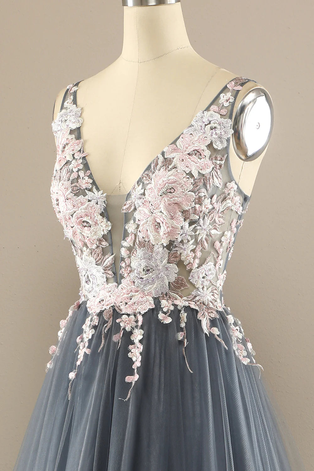 A Line Pink Low V Neck  Prom Dress with Appliques Beautiful