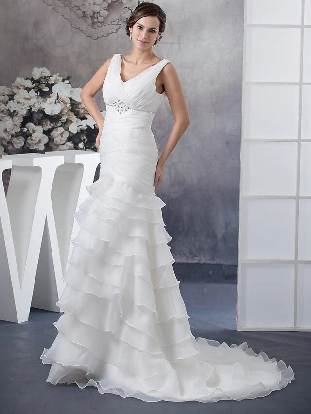 Wedding Dresses V Neck Chapel Train Organza Regular Straps with Ruched Beading Cascading Ruffles