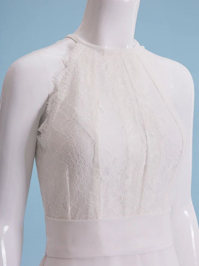 Wedding Dresses Halter Neck Floor Length Chiffon Lace Regular Straps Floral Lace with Lace Sash Ribbon