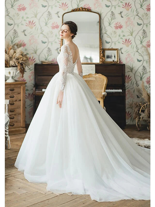 Ball Gown Wedding Dresses V Neck Chapel Train Tulle Long Sleeve Formal with Pleats Appliques
