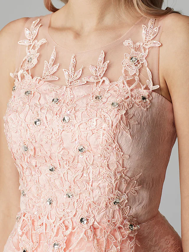 A-Line Sparkle Homecoming Cocktail Party Dress Pink Illusion Neck Sleeveless Short Tulle Floral Lace with Sequin Appliques