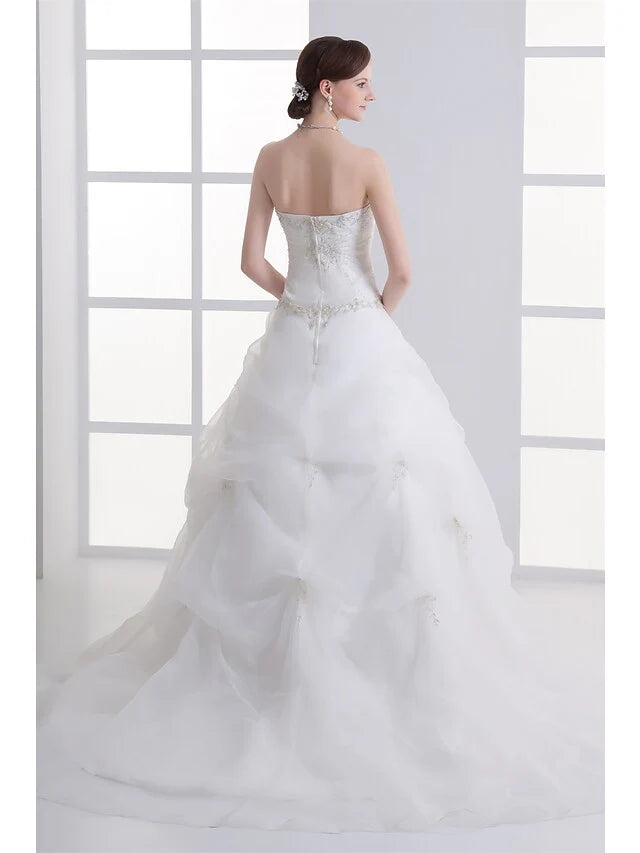 A-Line Wedding Dresses Strapless Court Train Organza Satin Strapless with Pick Up Skirt Ruched Beading  Embroidery