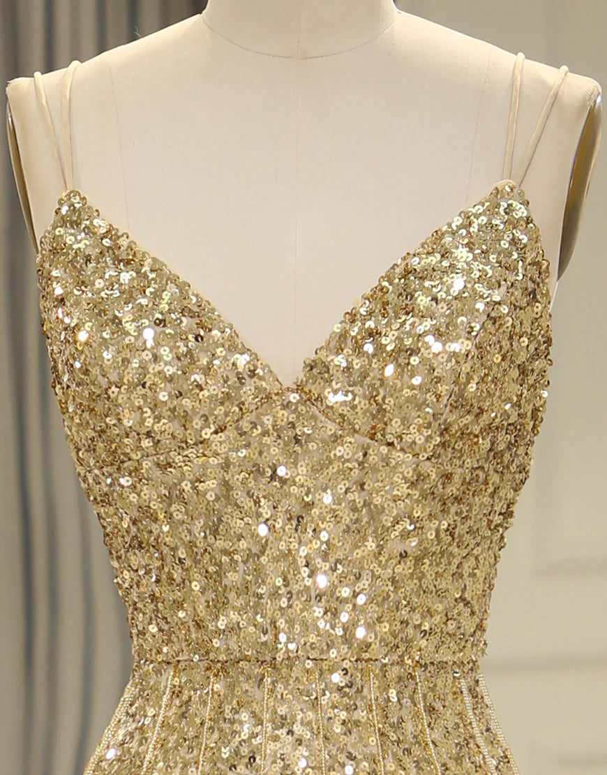 Spaghetti Straps Sequins Long Prom Dress with Split Front