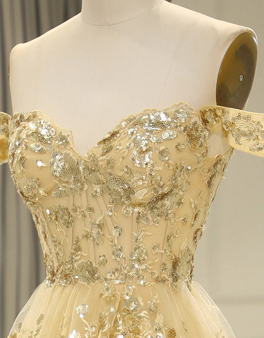 A Line Off the Shoulder Long Layers Prom Dress with Appliques