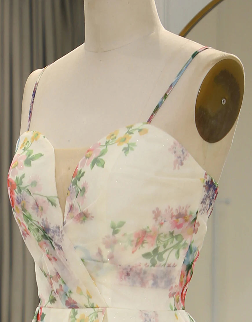 A-Line Spaghetti Straps Print Long Prom Dress With Split