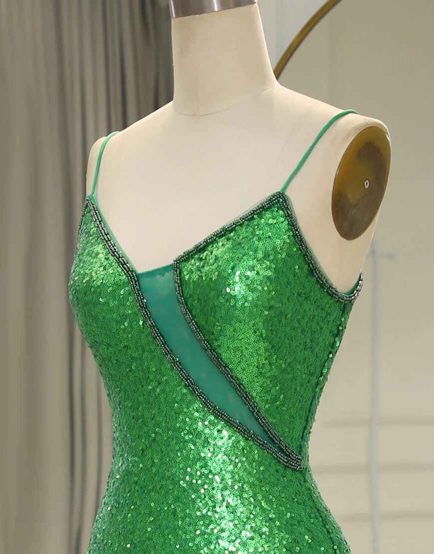 Spaghetti Straps Green Sequins Long Prom Dress with Split Front
