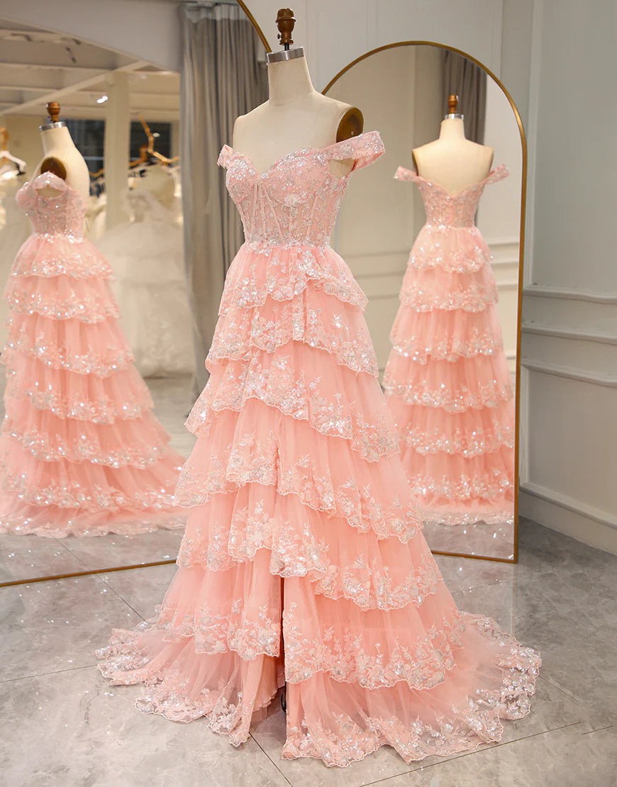 A Line Off the Shoulder Long Layers Prom Dress with Appliques