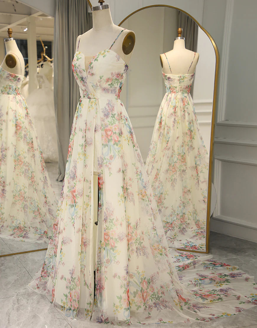 A-Line Spaghetti Straps Print Long Prom Dress With Split