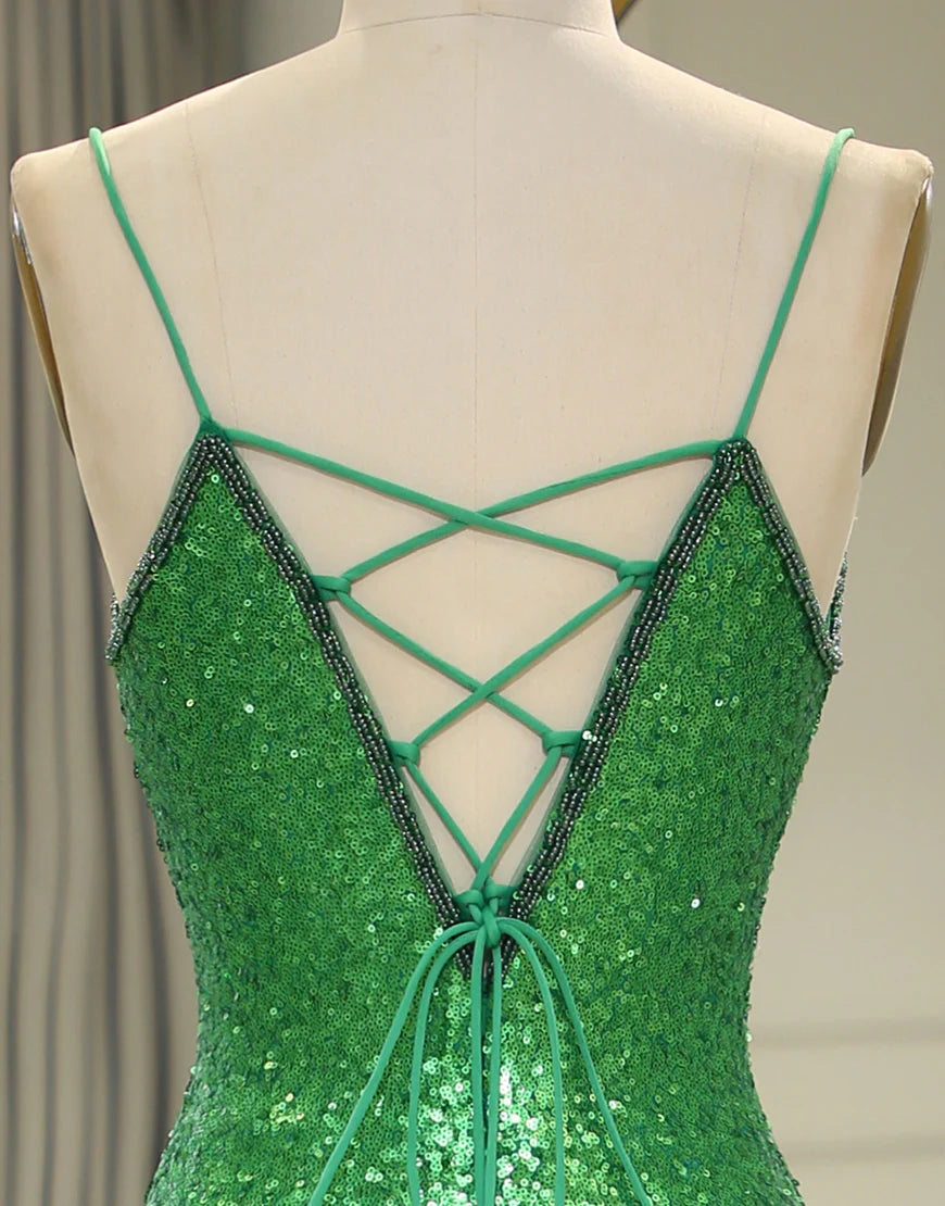 Spaghetti Straps Green Sequins Long Prom Dress with Split Front